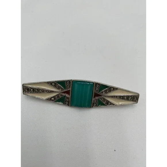 Vintage Silver Tone Turquoise Pin Brooch Bar Rhinestone Jewelry Scarf  2.5" Long - Picture 6 of 6